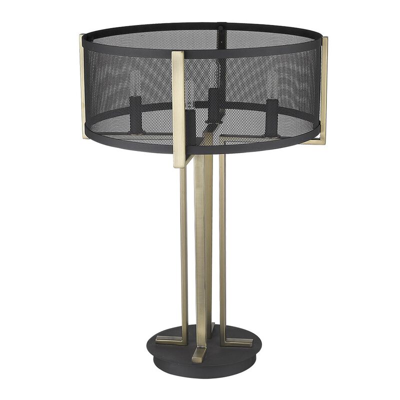 Hivvago 25" Brass Metal Four Light Geometric Table Lamp With Black Drum Shade