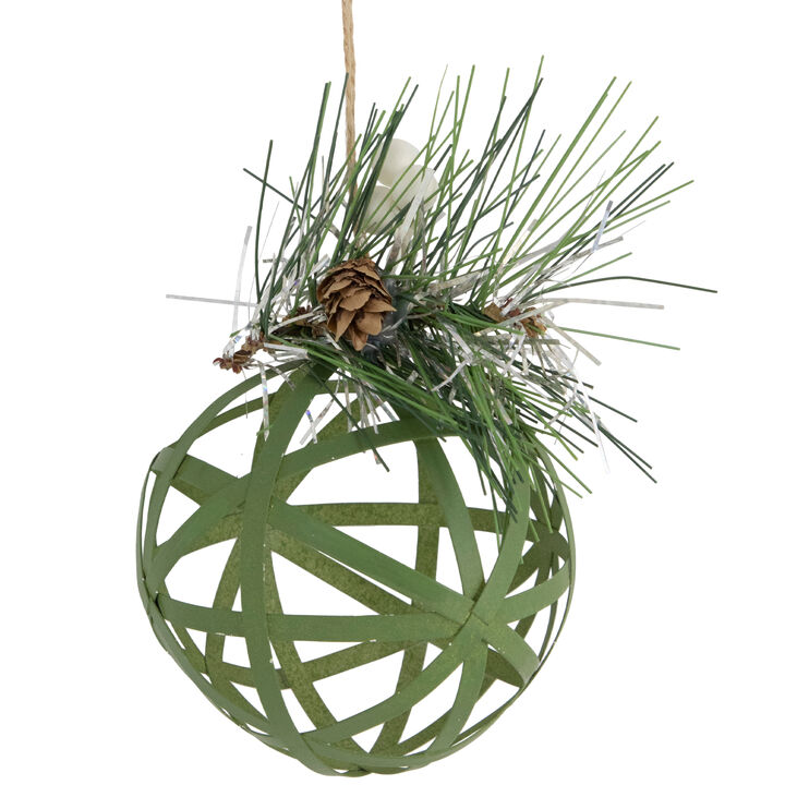 5" Green Rattan Style Christmas Ball Ornament with Pine Cone