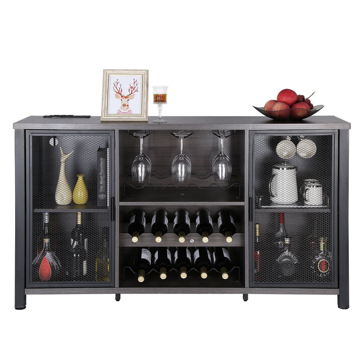 Industrial Bar Cabinet with Wine Rack and Storage for Liquor, Glasses, and More