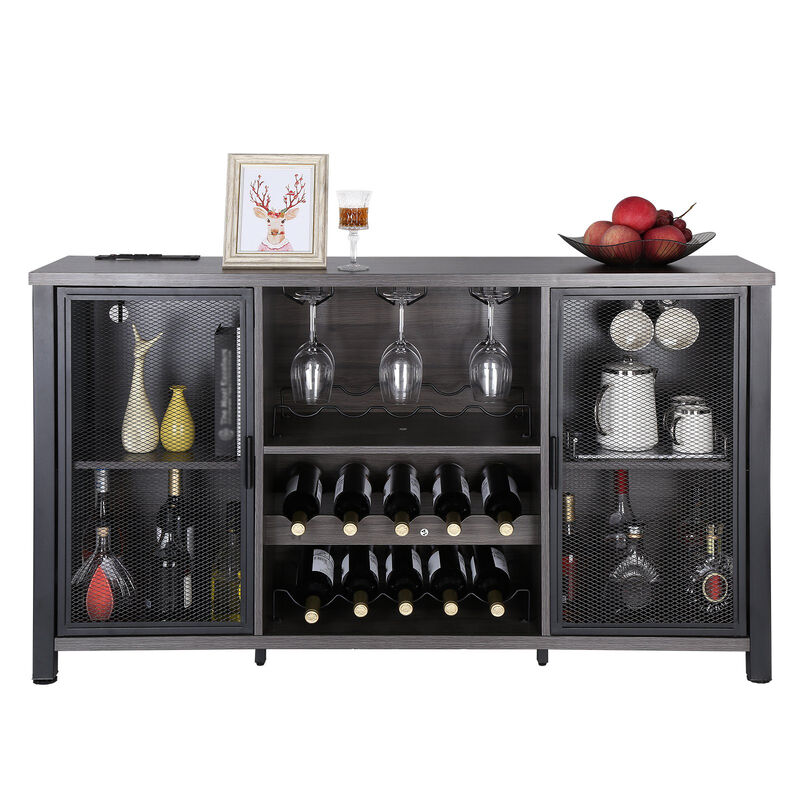 Industrial Bar Cabinet with Wine Rack and Storage for Liquor, Glasses, and More