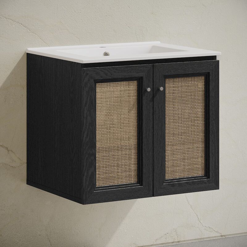 24" Wall-Mounted Bathroom Vanity in Black Oak with Single Faucet Hole Vanity Top image number 5