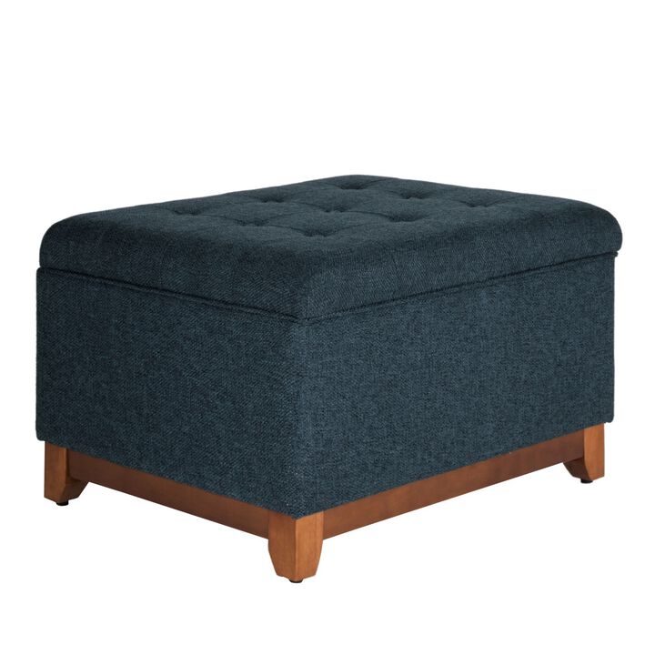 Textured Fabric Upholstered Wooden Ottoman With Button Tufted Top, Blue and Brown - Benzara