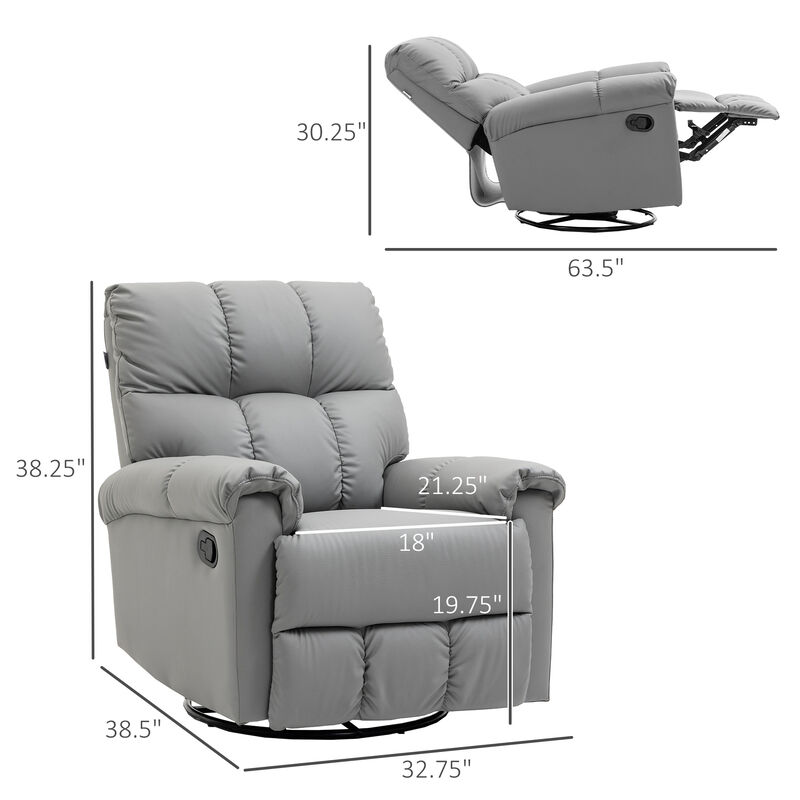 HOMCOM Rocker Recliner Chair with Overstuffed Back and Seat, Faux Leather Manual Reclining Chair with Footrest and 360 Swivel Rotation Base for Living Room, Gray