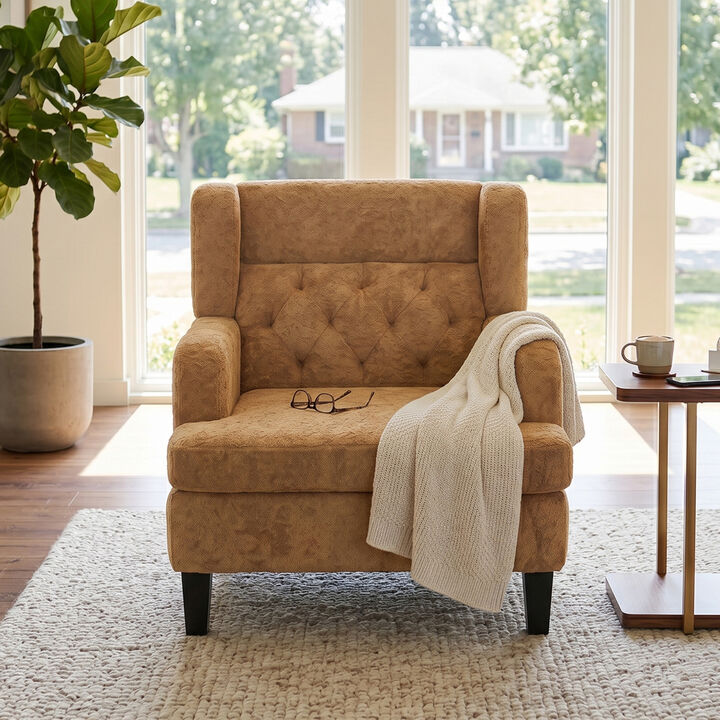 Merax Modern Tufted Plush Fabric Accent Armchair with Solid Rubber Wood Legs