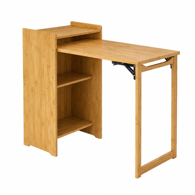GOODSILO Bamboo Folding Desk Space Saving Foldable Table for Home Office Bedroom Computer Workstation Vanity with Hidden Storage for Small Spaces image number 0