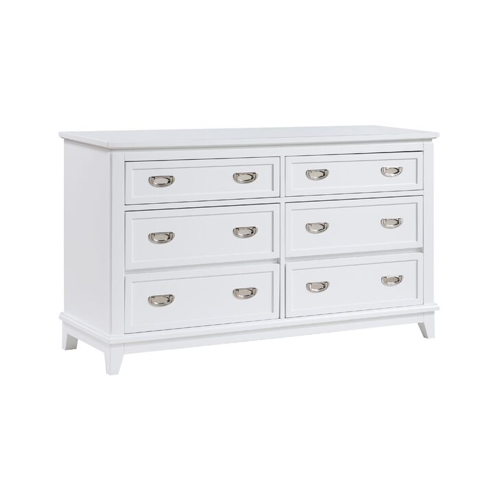 Sely Dresser, 55 Inch, 6 Drawers, White Wood, Nickel Ring Handles - Benzara