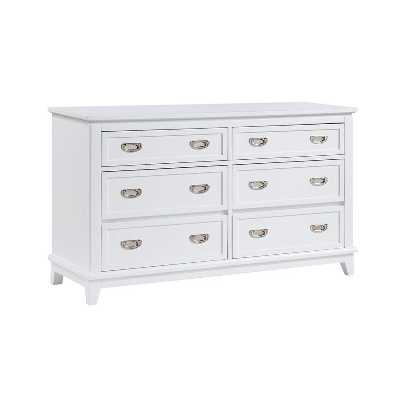 Sely Dresser, 55 Inch, 6 Drawers, White Wood, Nickel Ring Handles - Benzara
