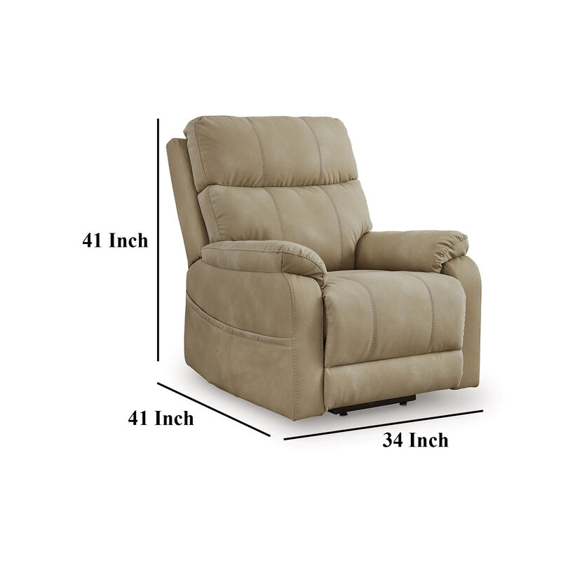 Corbin Power Lift Recliner Chair, Sand Faux Leather, Pillow Top Arms - Benzara