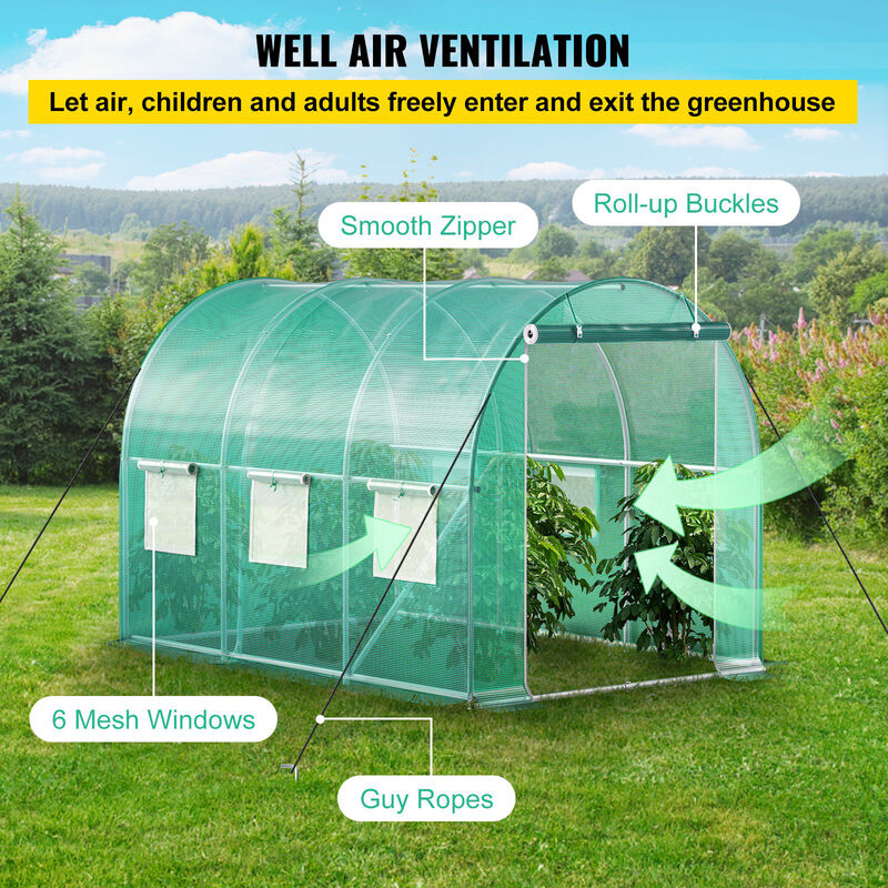 Portable Walk-In Tunnel Greenhouse with Steel Frame, Zippered Door & 6 Windows