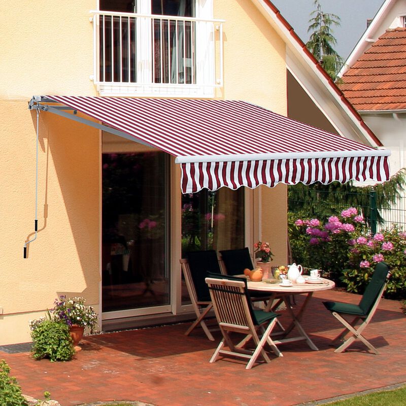 10' x 8' Manual Retractable Awning Sun Shade Shelter for Patio Deck Yard with UV Protection and Easy Crank Opening, Red Stripe image number 2