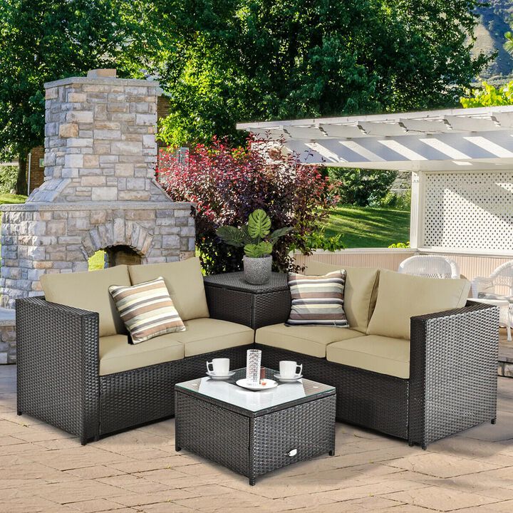 Mondawe 4 Pieces Outdoor Patio Rattan Furniture Set with Loveseat and Storage Box