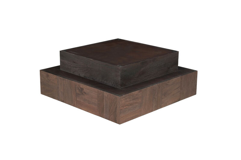 HomeRoots 40" Dark Brown and Black Solid Wood Square Block Coffee Table