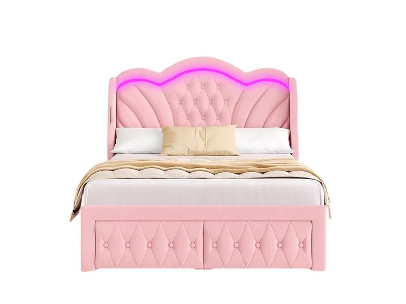 King Platform Bed &ndash; Pink Velvet Frame with LED Lights, Storage Drawers & Wingback Headboard image number 0