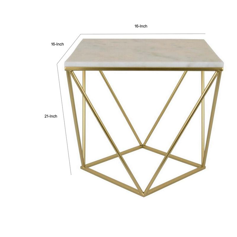 21 Inch Modern Plant Stand Side Table, Square White Marble Top, Gold Metal - Benzara