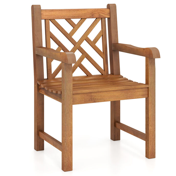 Wood Patio Dining Chair with Slatted Seat Cross-Rhombus Backrest and Solid Legs