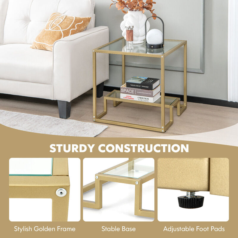 22 Inch 2-Tier Square Sofa Side Table with Tempered Glass Tabletop-Bronze image number 9