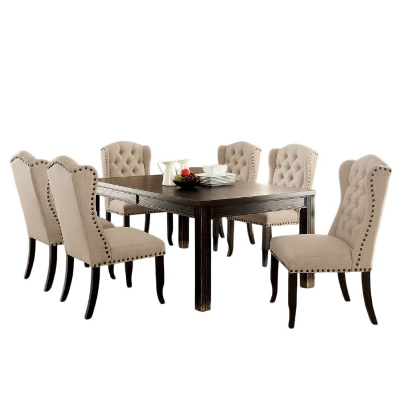 Bega 7pc Counter-Height Table Set, 6 Tufted Nailhead Chairs, Black Wood image number 2