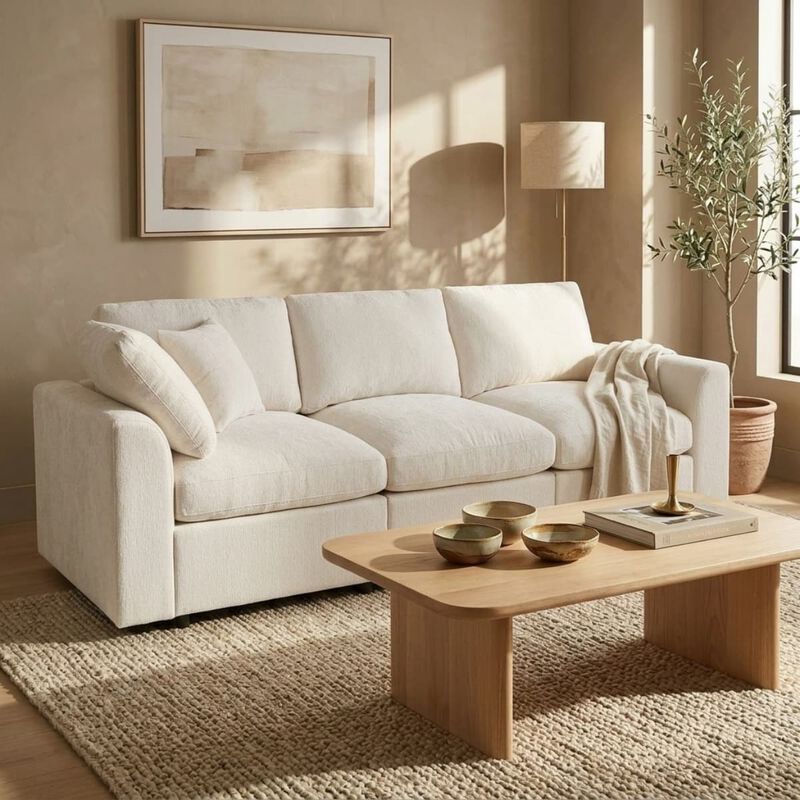 Chenille 3 seater sofa, U style deep seat couch with throw pillow, Contemporary living room sofa with solid wood frame image number 1
