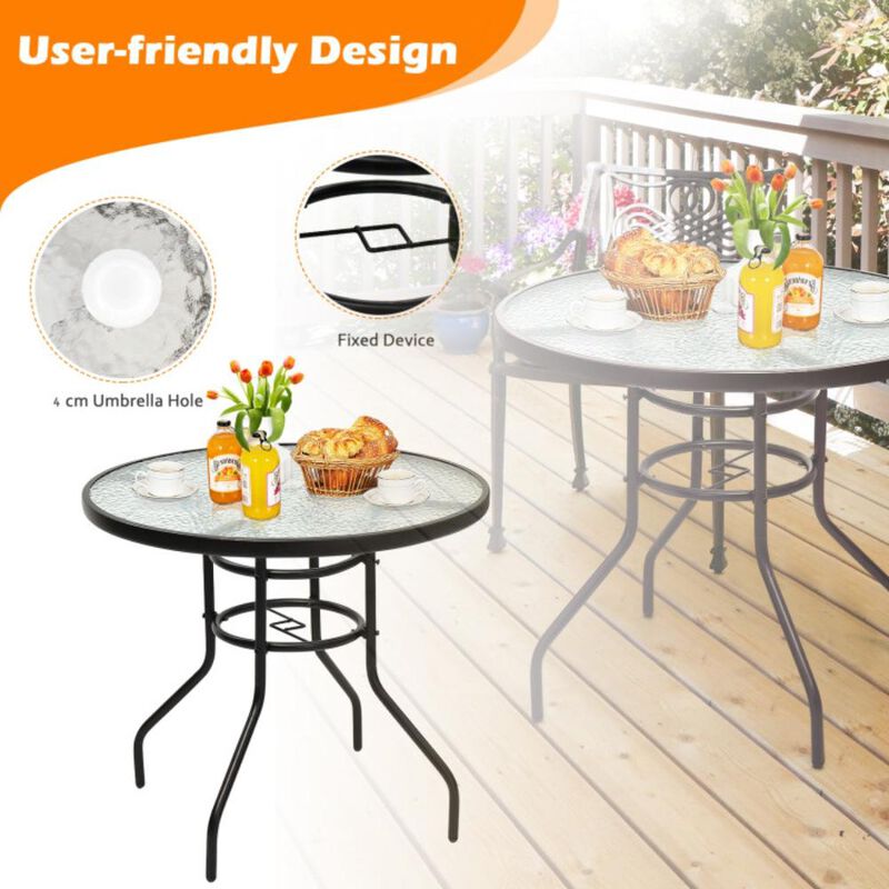 Hivvago 32 Inch Patio Tempered Glass Steel Frame Round Table with Convenient Umbrella Hole