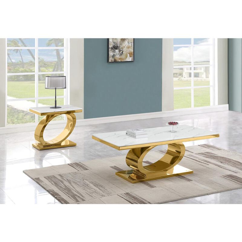 Best Quality Furniture 2pc White marble coffee table set with gold color base (1 Coffee+ 1 End table)