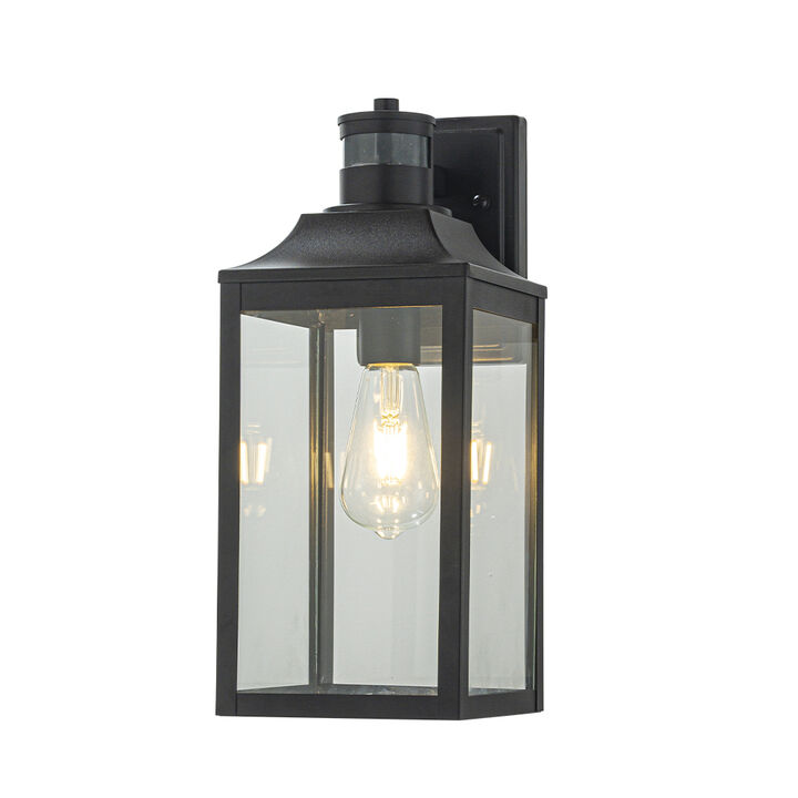 1 Light H16 in. Farmhouse Outdoor Wall Lantern with Motion Sensor in Matte Black Modern Exterior Wall Sconce with Clear Glass for Porch Courtyard