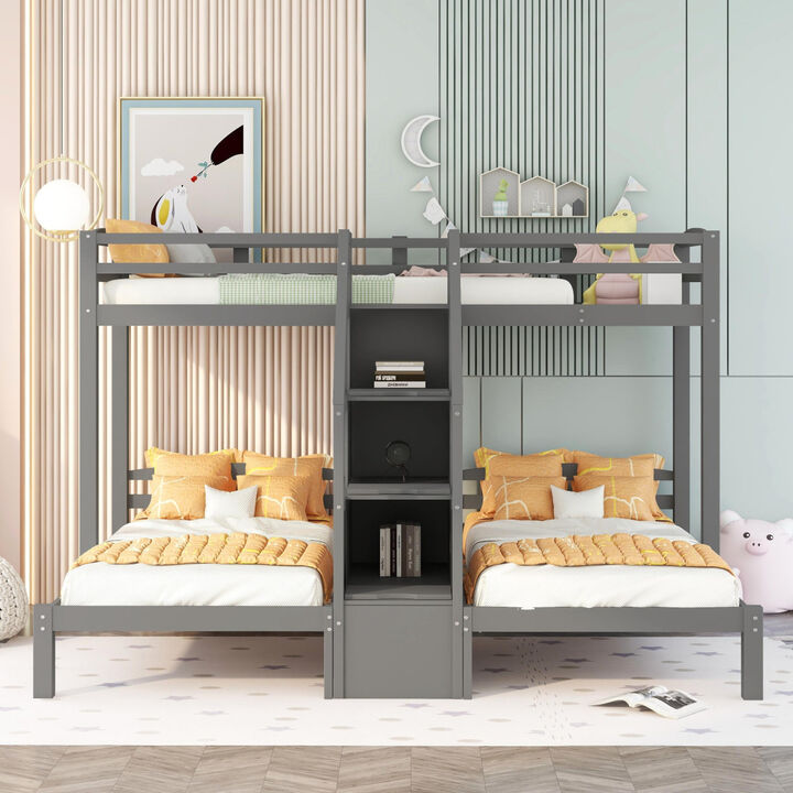 Twin over Twin & Twin Bunk Bed with Built-in Staircase and Storage Drawer, Gray