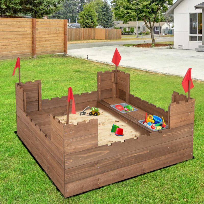Hivvago Kids Wooden Sandbox with Bottom Liner and Red Flags