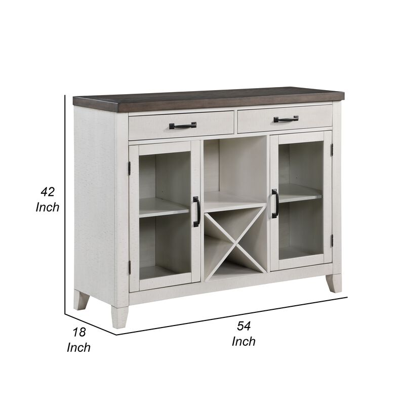 Rine 52 Inch Sideboard, 2 Drawers, 2 Doors, Wine Storage, White, Brown Wood