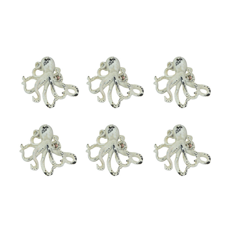 Set of 6 Distressed Finish Coastal White Cast Iron Octopus Drawer Pulls Cabinet Knobs image number 2