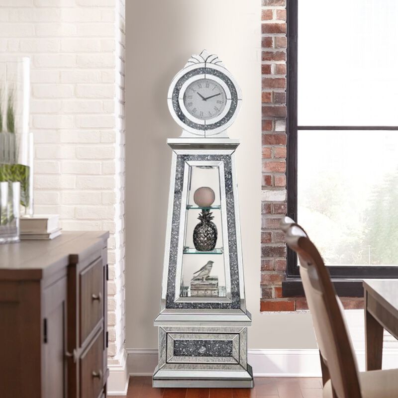 Mirrored Grandfather Clock with 3 Open Compartments, Silver - Benzara