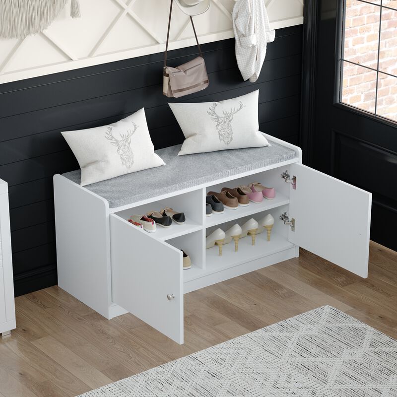 35.8 in. W x 18.1 in. H 8-Pair Shoes White Wood Shoe Storage Bench with 2 Doors and 4-Shelves Storage Compartment