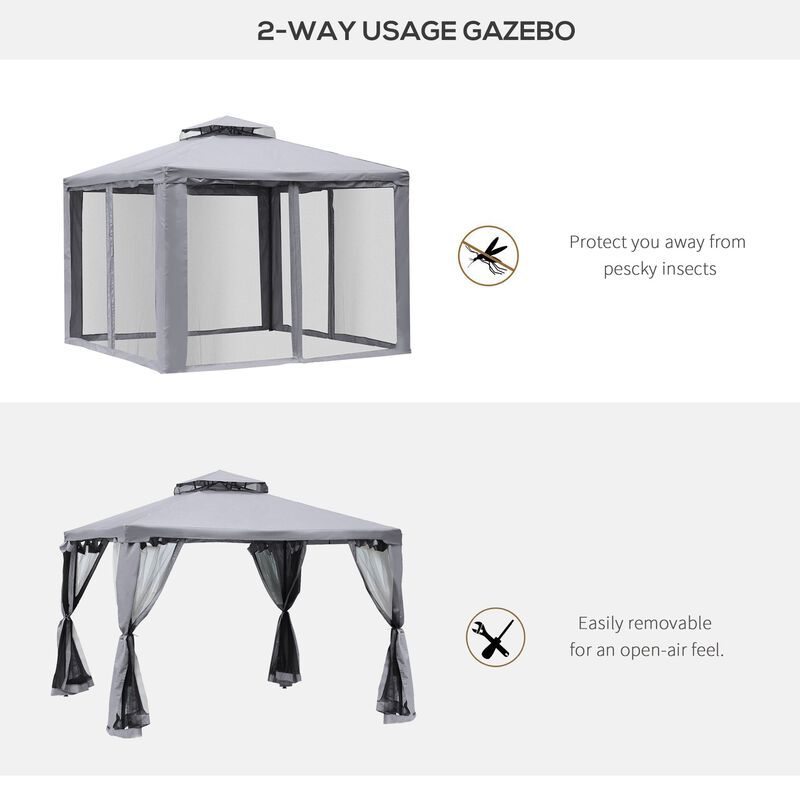10' x 10' Patio Gazebo Outdoor Canopy Shelter with 2-Tier Roof and Netting, Steel Frame for Garden, Lawn, Backyard and Deck, Grey