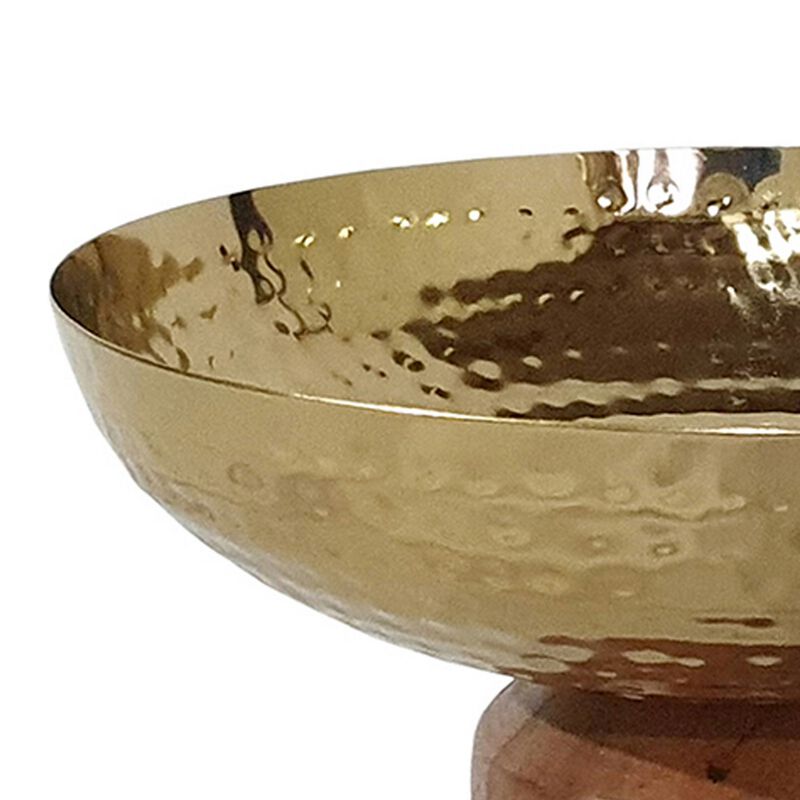 Roe 8 Inch Small Acacia Wood Table Bowl, Steel, Decorative, Gold and Brown - Benzara