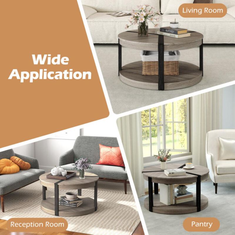 Hivvago Rubber Wood 2-Tier Round Center Table with Spacious Tabletop and Storage Shelf