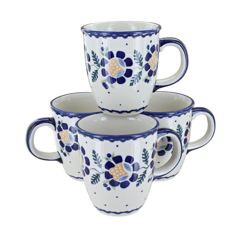 Blue Rose Polish Pottery Green Daisy 4 Piece Mug Set