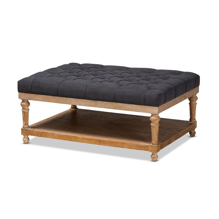 Baxton Studio Lindsey Modern and Rustic Charcoal Linen Fabric Upholstered and Greywashed Wood Cocktail Ottoman