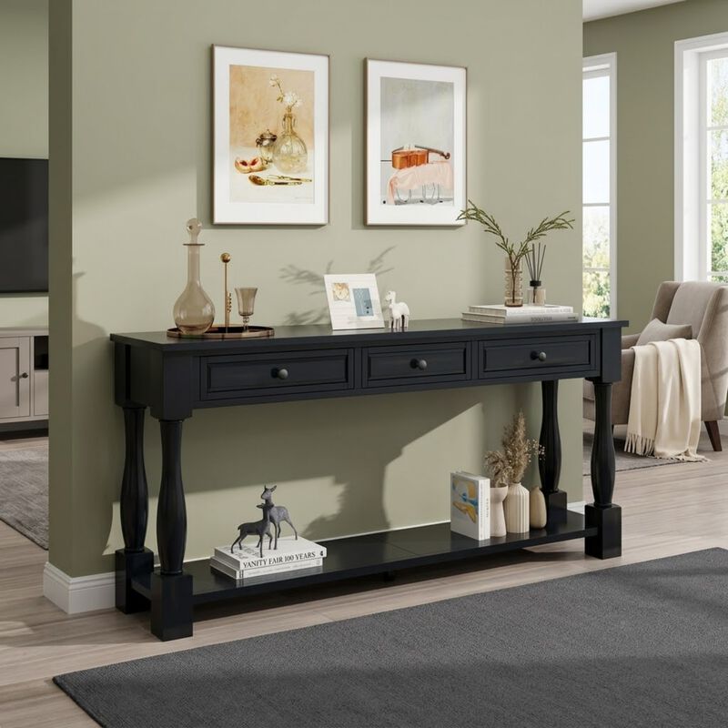 Whisen 63" Mediterranean Console Table with 3 Drawers & Shelf, Solid Wood, Entryway Table for Living Room Hallway image number 1