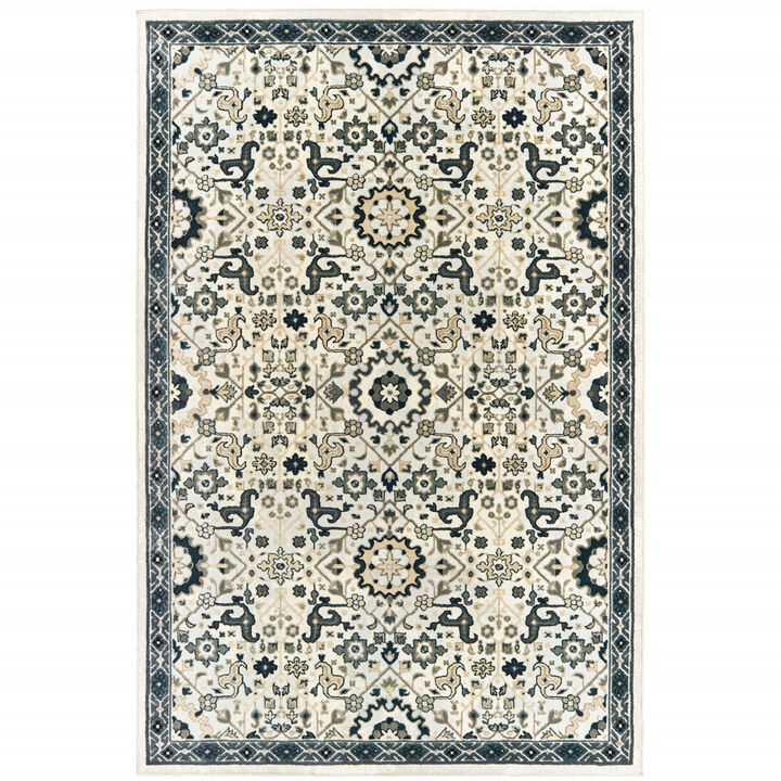 5 X 8 Ivory Navy And gold Oriental Power Loom Stain Resistant Area Rug
