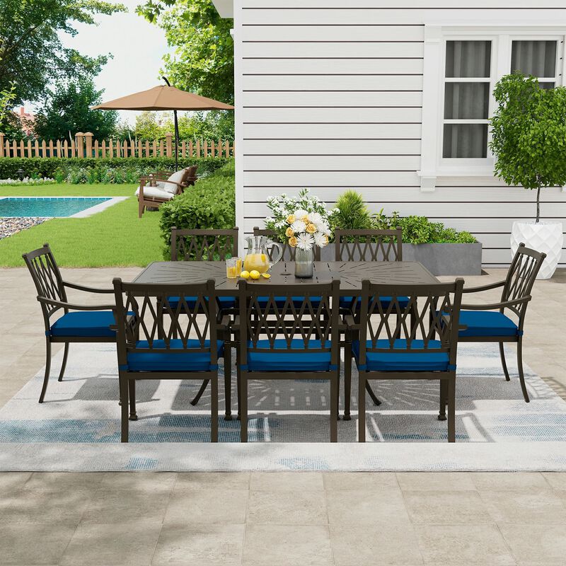 Mondawe 9-Piece Cast Aluminum Patio Dining Set 1 Rectangle Retro Table and 8 Dining Chairs with Cushion
