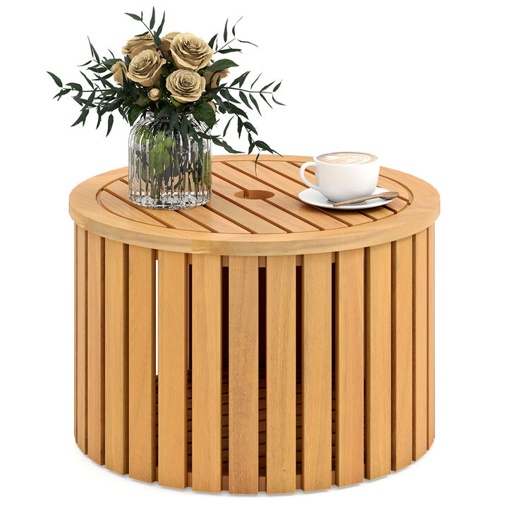 Outdoor 2-in-1 Side Table with Acacia Wood Slatted Coffee Table and Round End Storage Box-Natural