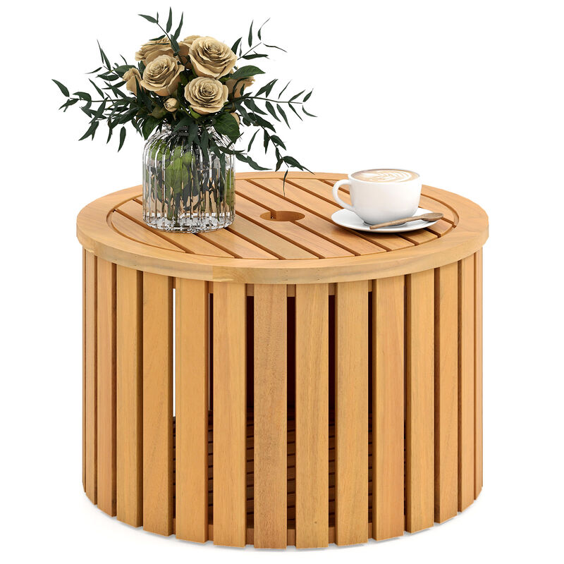Outdoor 2-in-1 Side Table with Acacia Wood Slatted Coffee Table and Round End Storage Box-Natural image number 0