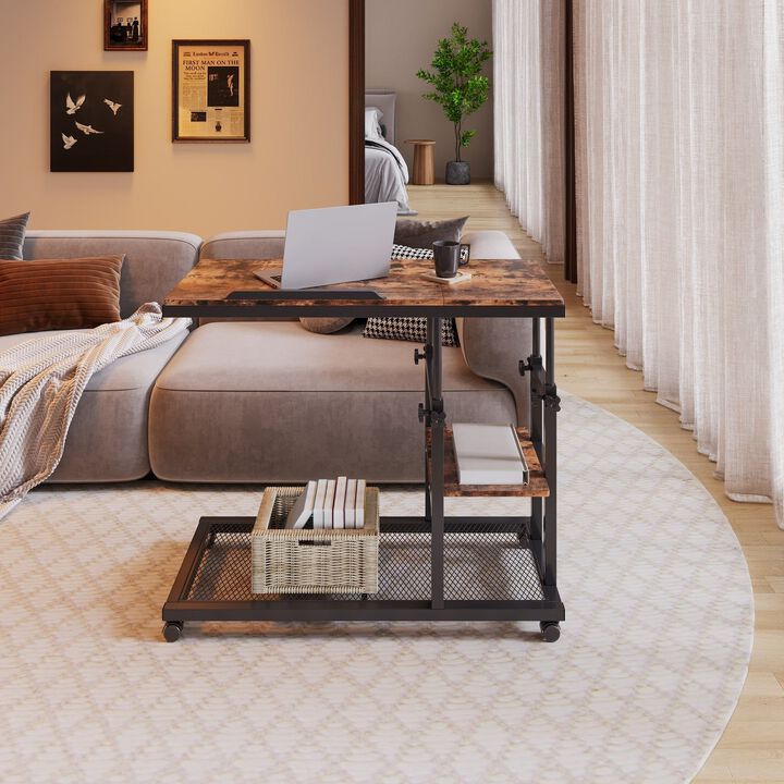 C Table with Adjustable Height, Mobile Side Table and Tiltable Drawing Board