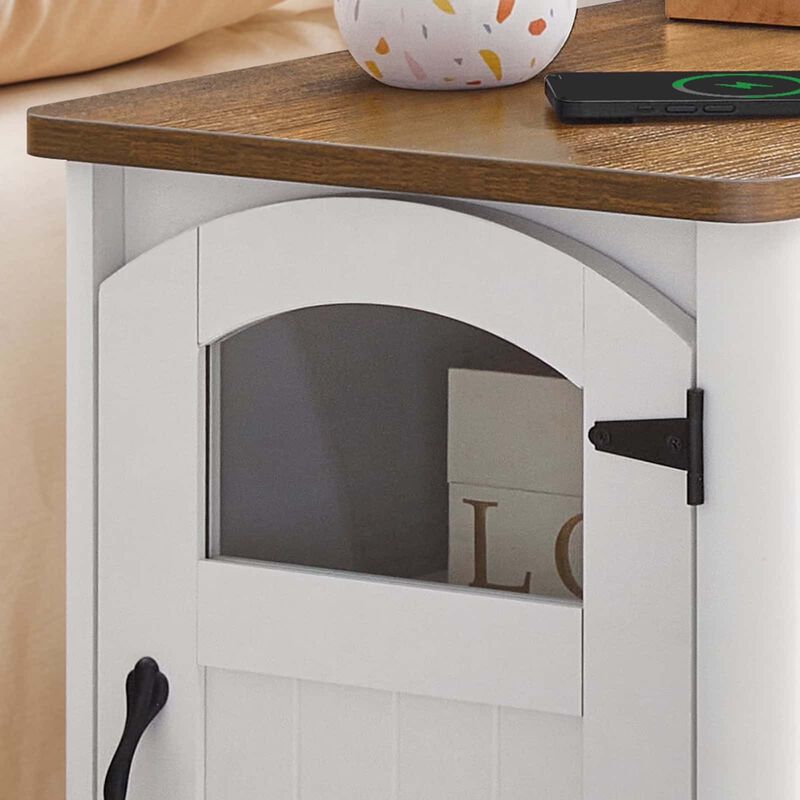 Side Table with USB Charging Station, Adjustable Shelf and Glass Door-White image number 3