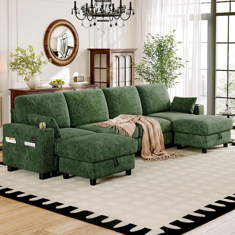 Vipbear 128" Modular Sectional Sofa, Chenille U Shaped Cloud Couch with Ottoman Adjustable Backrest image number 9