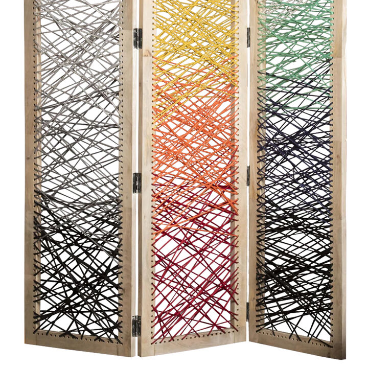 3 Panel Wooden Screen with Woven Reinforced Yarn, Multicolor - Benzara