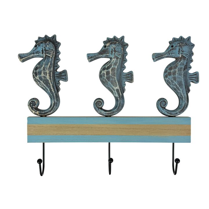 Things2die4 Blue Distressed Seahorse Decorative Wall Hooks Rack, 11 Inch
