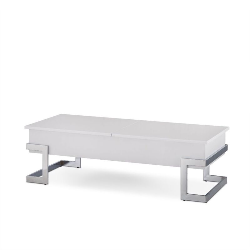 Yadlio Coffee Table - Rectangular Table with Lift Top Tray and Slide Top Storage - White Finish with Geometric Metal Base - Keep Your Living Area Clutter-Free