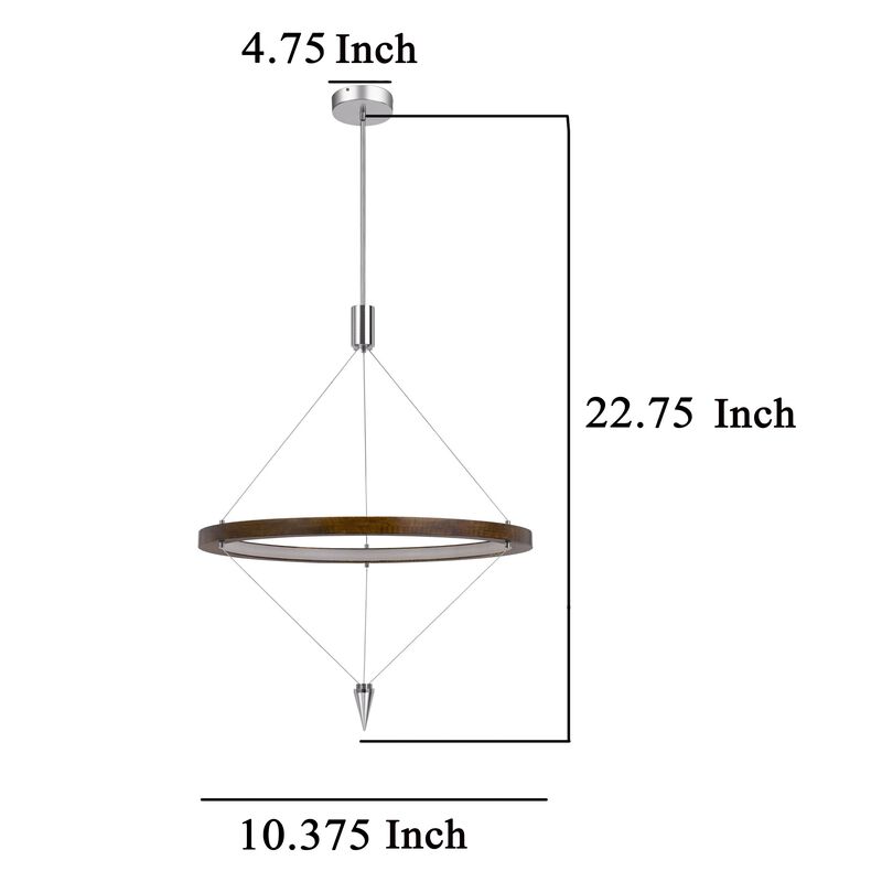 Erbo 11 Inch Pendant Light Fixture, Dimmable LED, Pine Wood and Chrome - Benzara