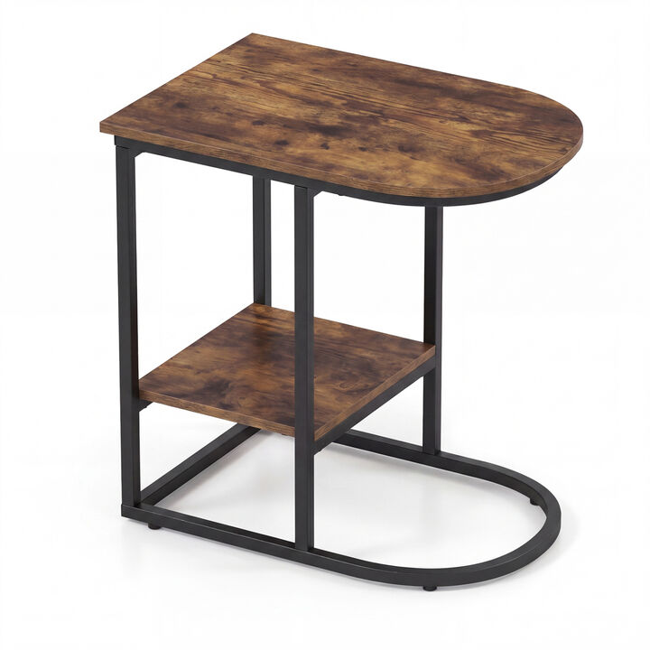 Modern C-Shaped Side Table with Shelf and Tabletop Storage