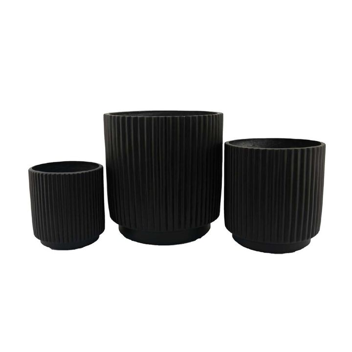 Elly Round Planter Set of 3, Ribbed Texture Black Resin, 16,12,9  Inch